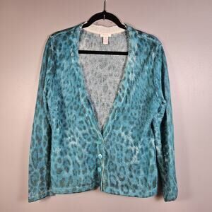 Chico's 2 Animal Print Mohair Blend Cardigan Sweater Womens 10 12 M Turquoise